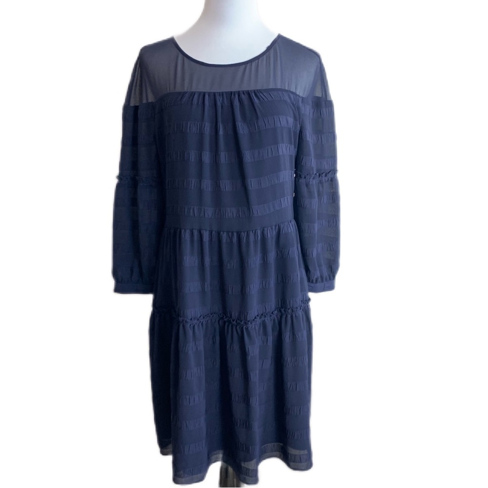 Banana Republic Illusion Neck Dress | SZ 12 | Tiered | Navy | LS